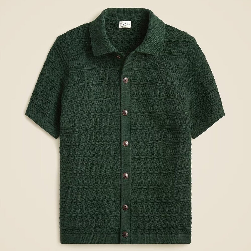 NWOT J Crew Short Sleeve Open-Stitch Polo Cardigan Sweater Green Mens Medium